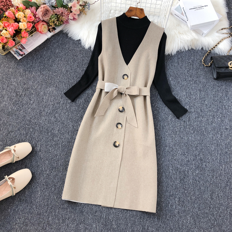 秋冬高冷御姐风中长款V领毛呢连衣裙套装修身毛衣裙子两件套女潮
