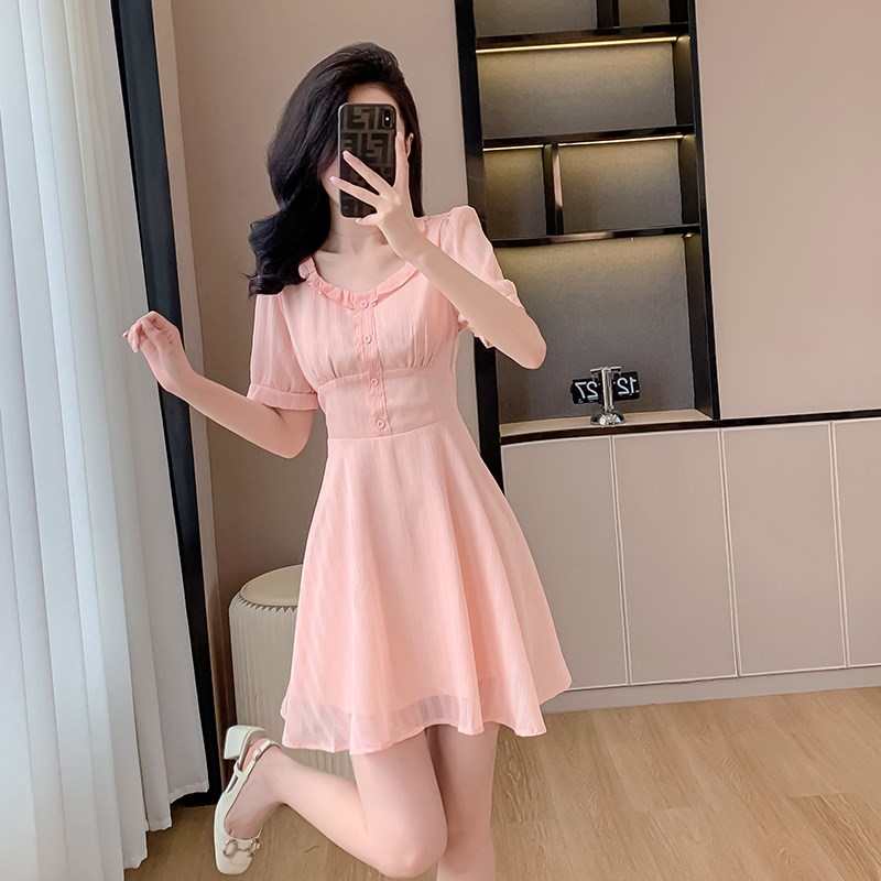 粉色雪纺小个子连衣裙女夏装2024新款收腰气质今年流行漂亮短裙子