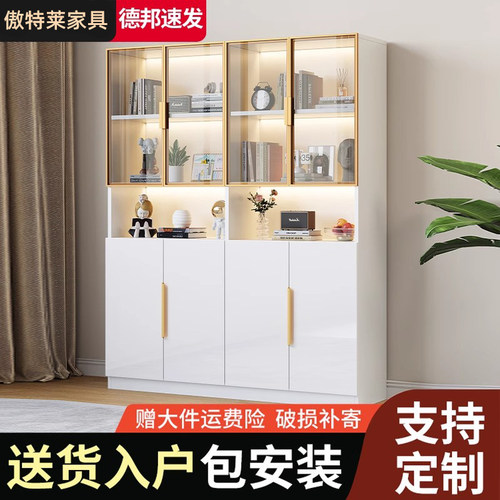 书柜带玻璃门防尘轻奢靠墙储物柜子模型展示柜陈列置物柜落地书架