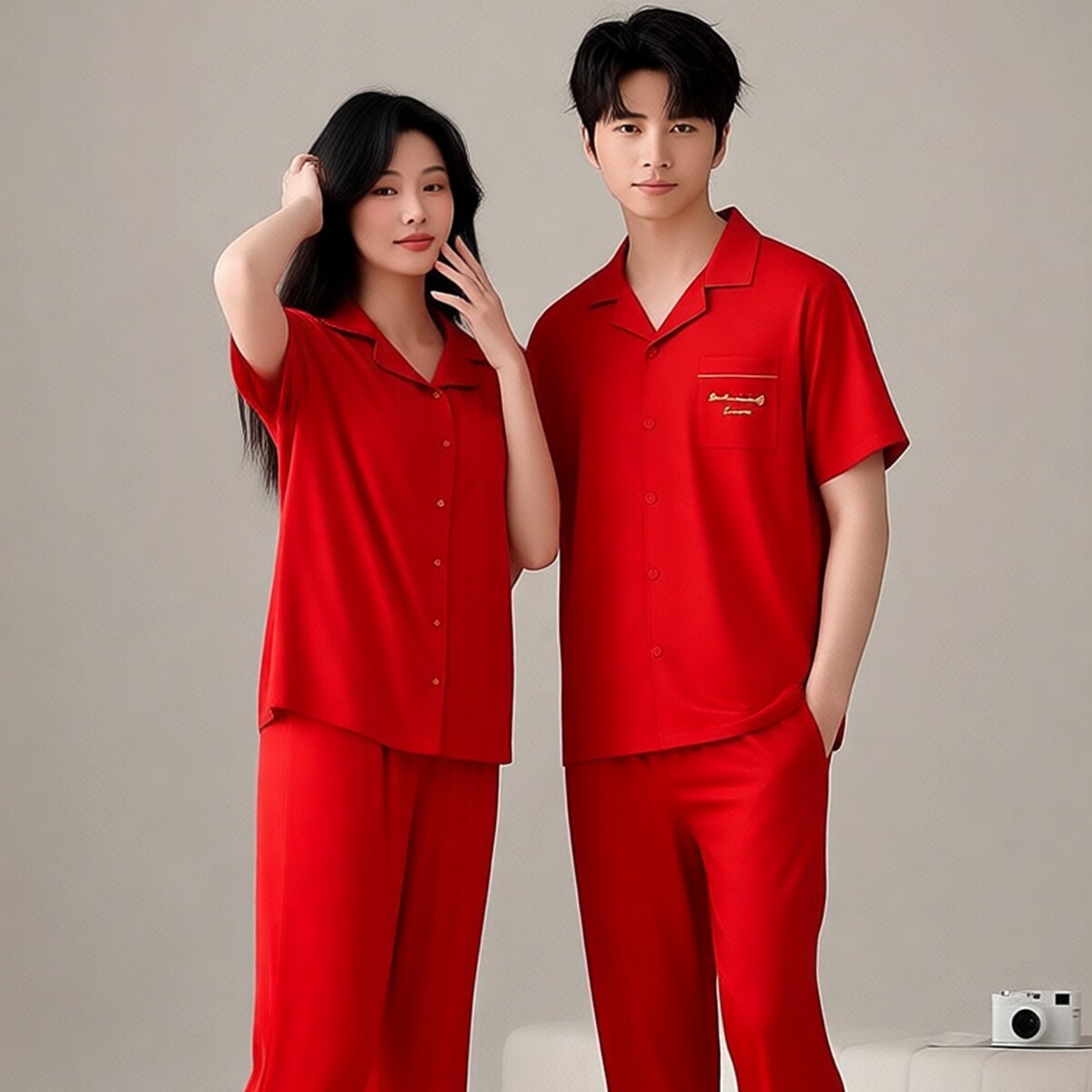 绮瑞情侣睡衣春夏季莫代尔棉男士短袖家居服夏季女红色本命年套装