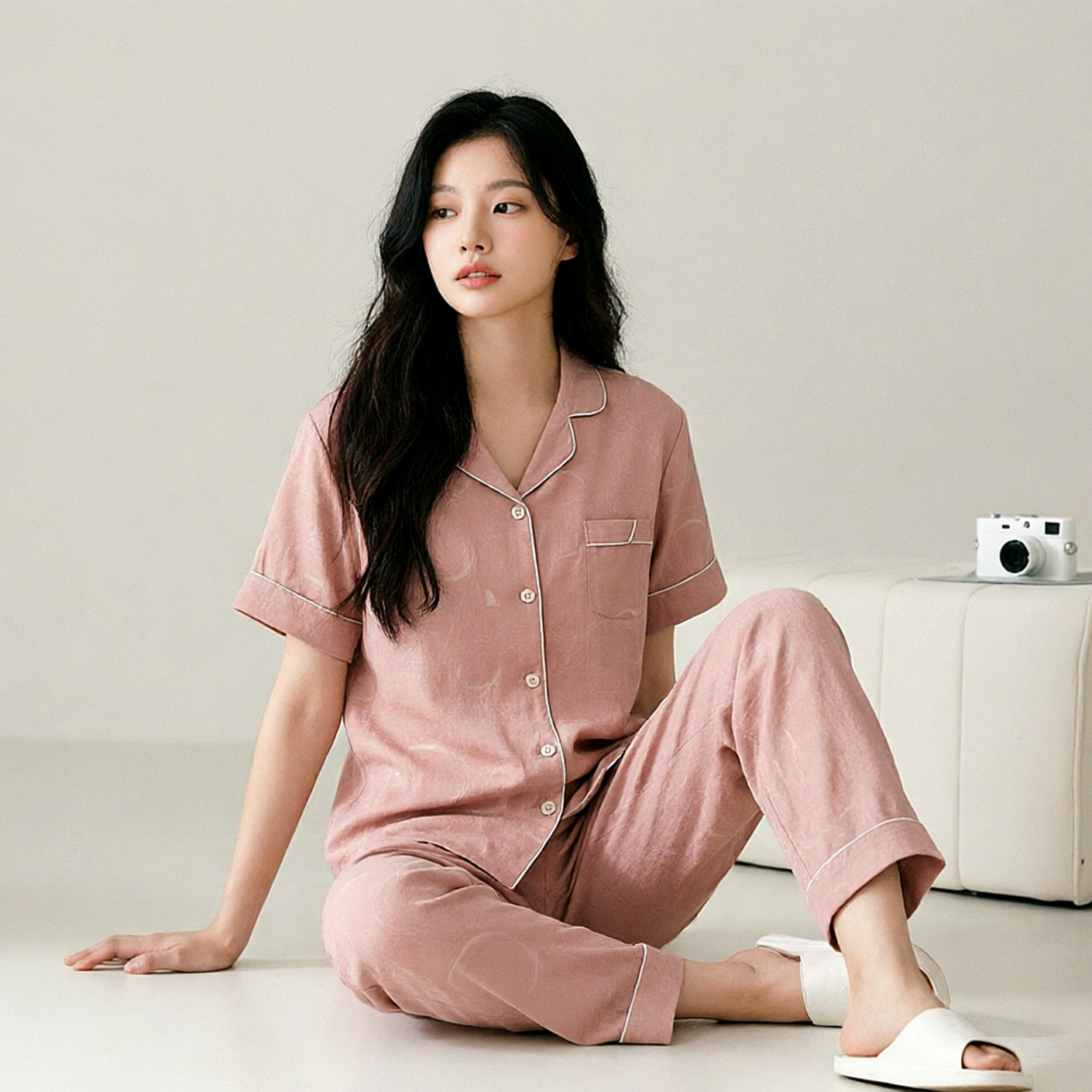 绮瑞情侣开衫翻领印花男夏季短袖长裤睡衣女夏冰丝凉感薄款家居服