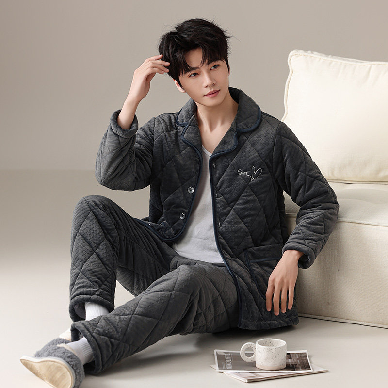 绮瑞2025新款男士珊瑚绒夹棉睡衣加绒加厚秋冬季男款加大棉袄套装