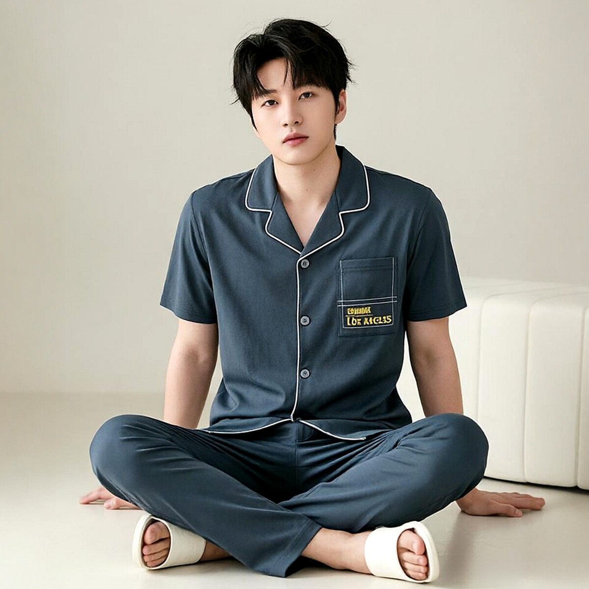 绮瑞夏季男士家居服纯棉开衫翻领短袖长裤睡衣时尚简约大码可外穿