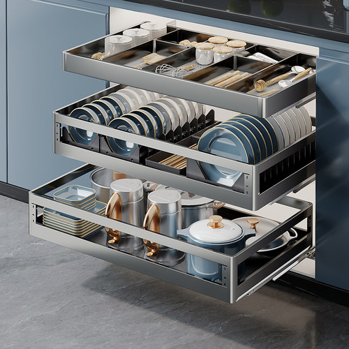 四季沐歌拉篮厨房整体橱柜铝合金双层抽屉式碗碟架收纳调味整体橱
