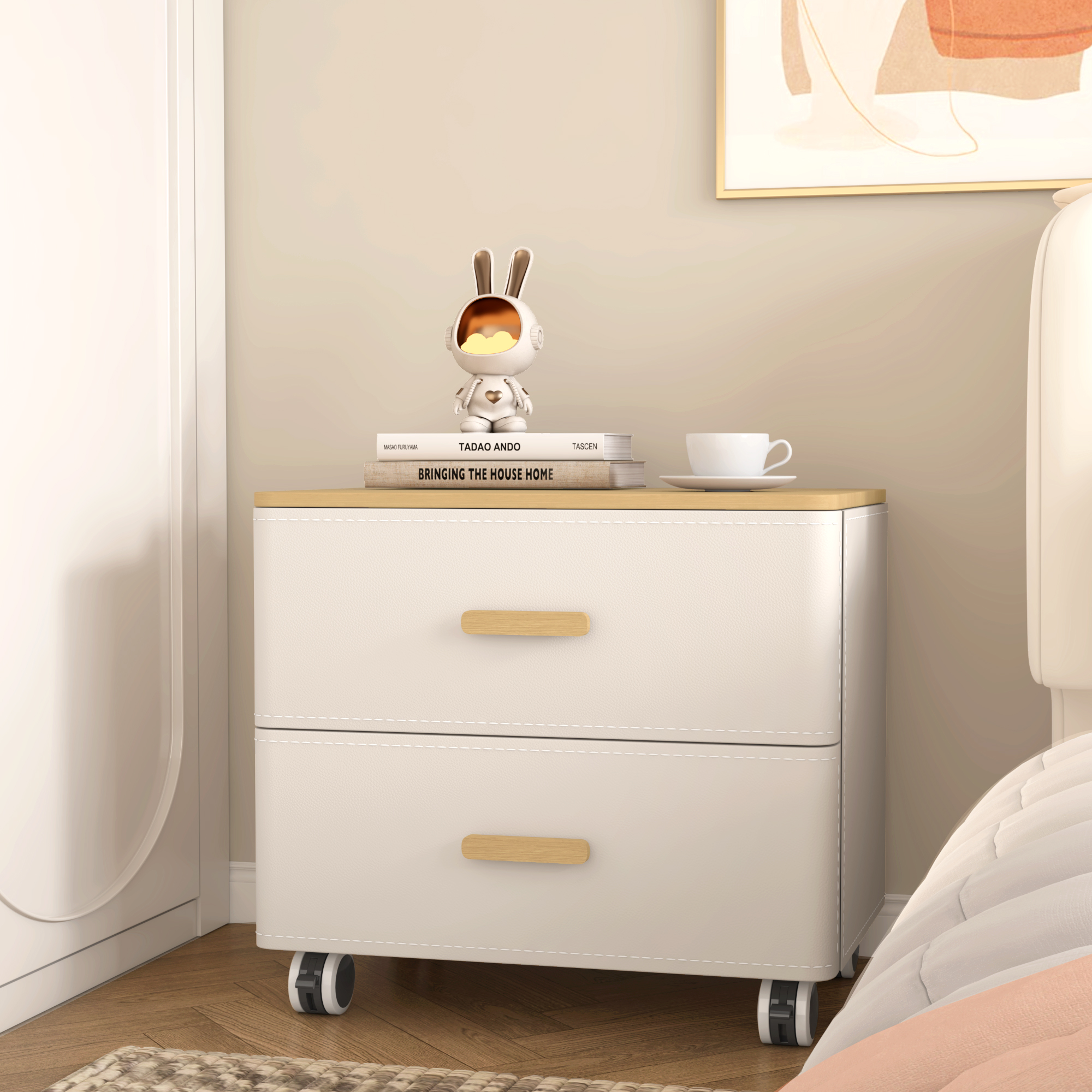 新款滚轮马鞍皮轻奢原实木床头柜卧室储物柜可移动奶油风简约现代