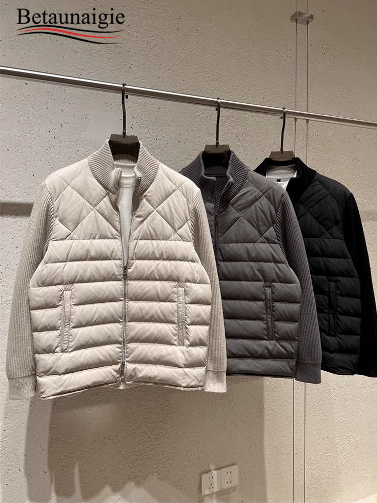 高端轻薄羽绒服男款2025秋冬季新款保暖针织拼接上衣潮流冬装外套,男装,羽绒服,淘宝优惠券,粉丝福利购,淘宝优惠卷