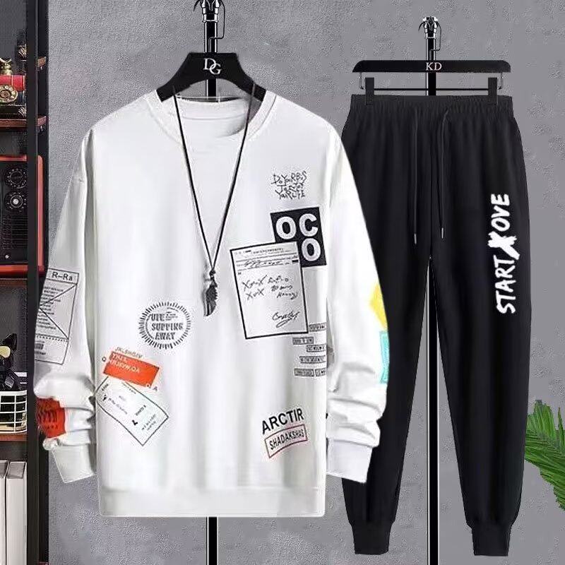 남성용 라운드 넥 풀오버 스웨트 셔츠 정장 봄 가을 청소년 및 학생 캐주얼 세트를위한 새로운 트렌디 한 루즈 2 피스 세트