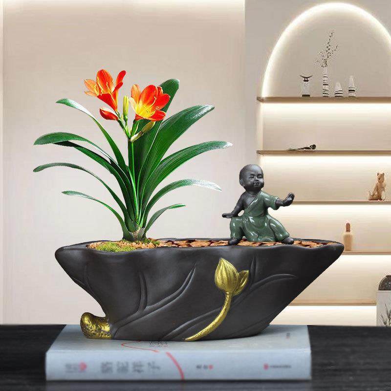 复古紫砂花盆君子兰文竹发财树造型绿植盆栽室内盆景组合花器