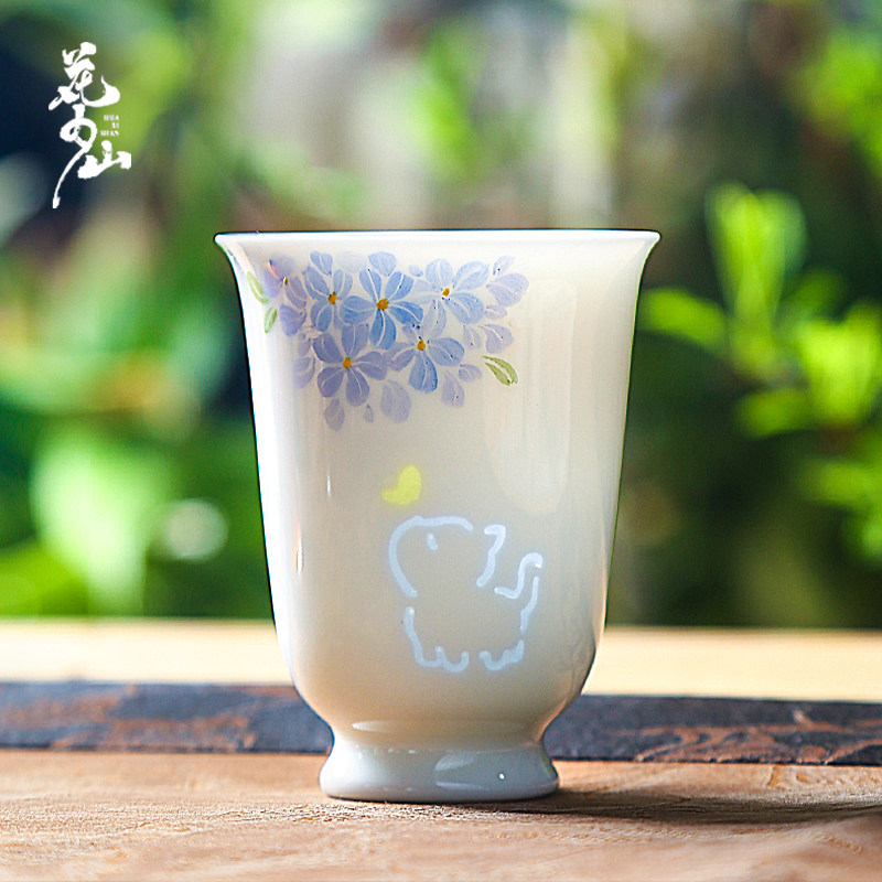 花夕山玲珑茶具主人杯白瓷品茗杯创意手绘茶杯客杯送女生教师防烫