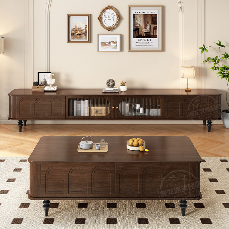 中古风实木电视机柜客厅家用小户型收纳柜法式复古电视柜茶几组合