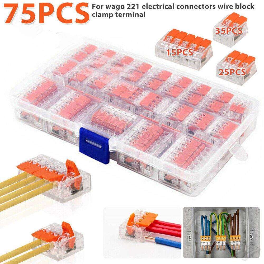 75pcs橙色2口3口5口电线接线盒端子快速电线接头套装可重复使用