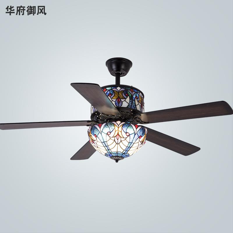 美式复古吊扇灯餐厅风扇灯家用客厅卧室欧式蒂凡尼木叶带电风扇吊