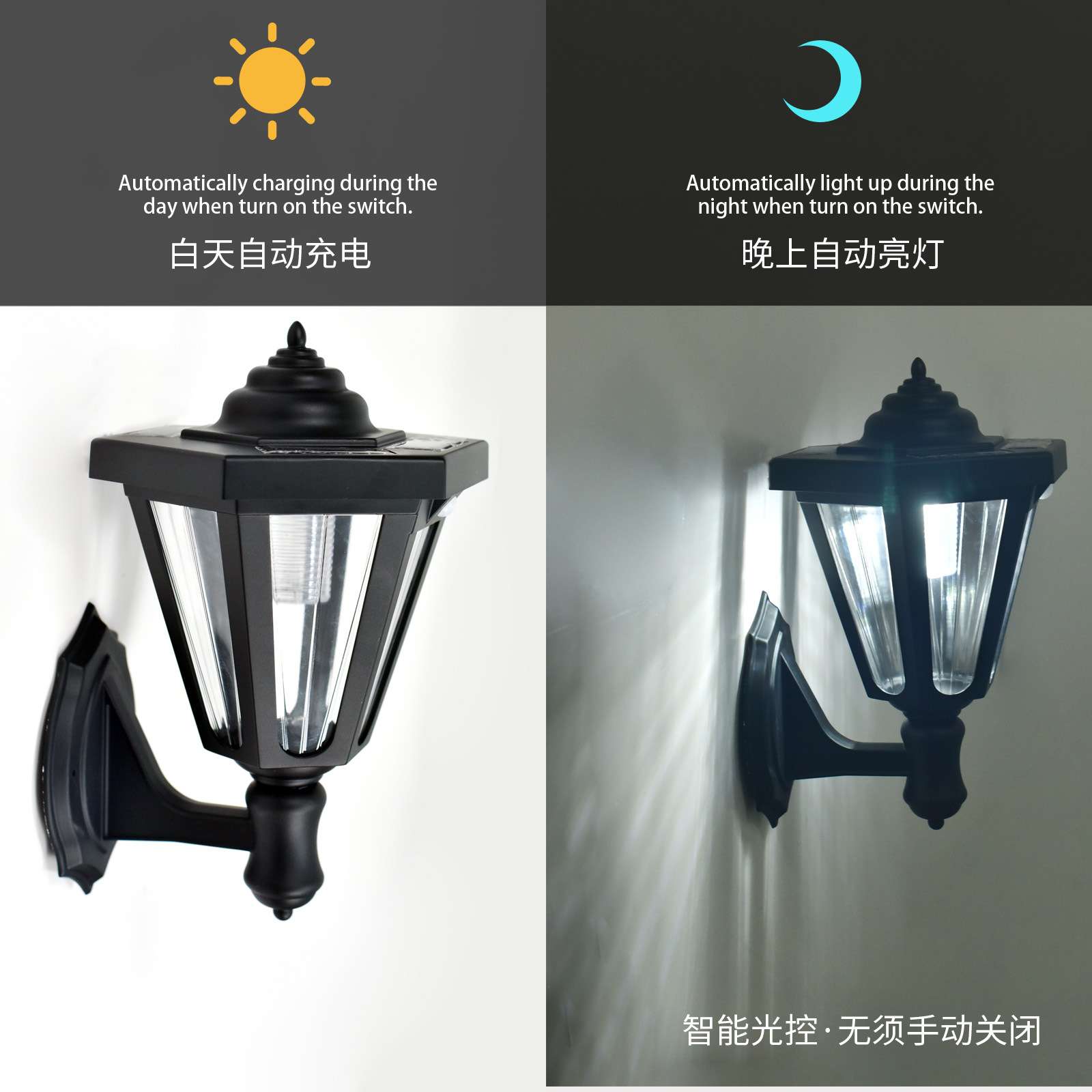 24新款户外太阳能六角壁灯防水古典复古大门灯围墙灯门牌装饰灯