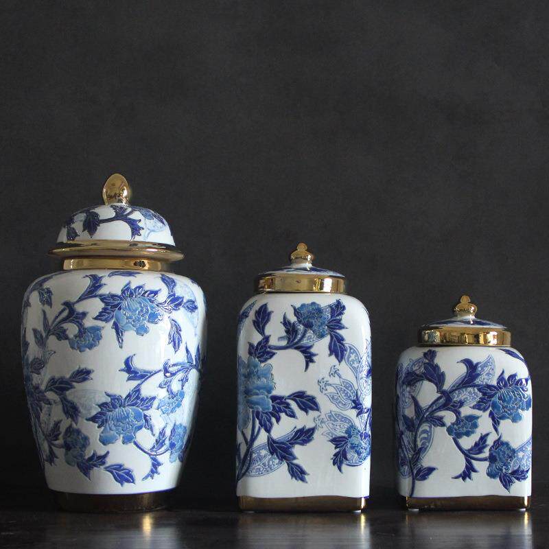 创意青花浮雕描金花瓶摆件储物罐陶瓷欧式名宿样板间装饰插花瓶罐