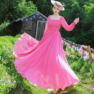 旅行拍照好看的粉红色复古一字领大摆连衣裙女飘逸雪纺渡假长裙子