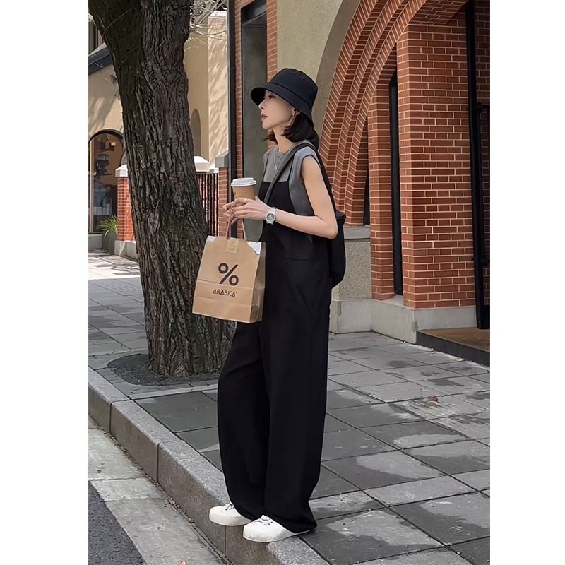 黑色吊带阔腿裤子女夏季2024新款薄款背带裤宽松显瘦休闲连体裤子