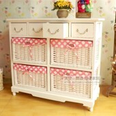 田园风格 床头柜实木卧室藤编抽屉收纳柜组合柜子客厅五抽高低柜