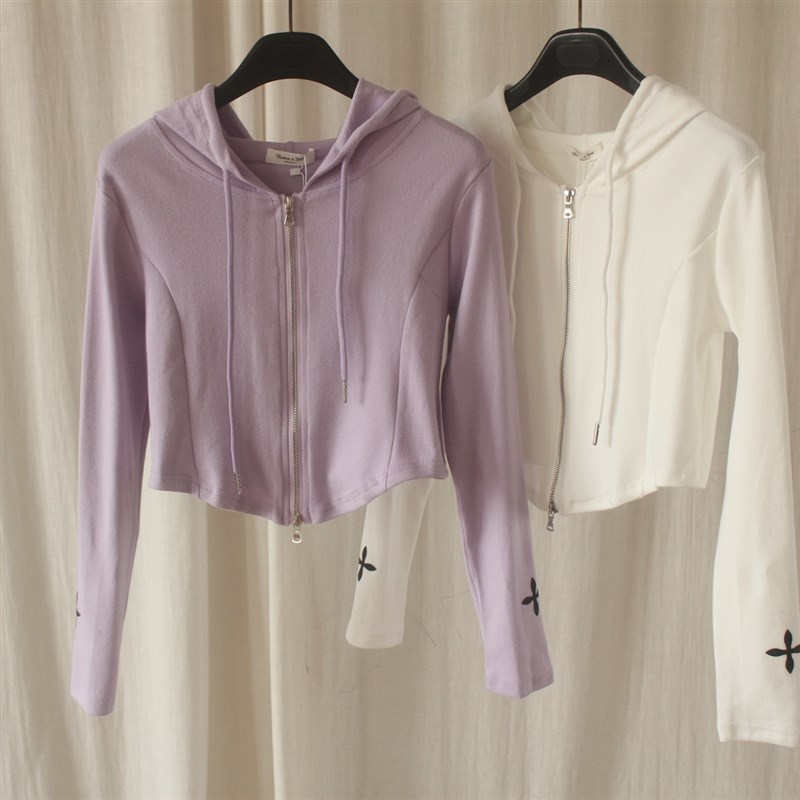 小个子修身短外套女针织磨毛纯棉连帽休闲拉链衫秋季高腰上衣简约