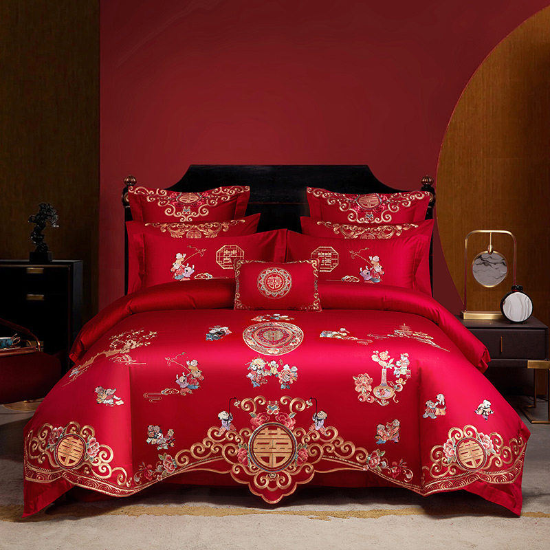 100支百子图婚庆四件套大红子孙被喜被纯棉百福喜被结婚房嫁用品4
