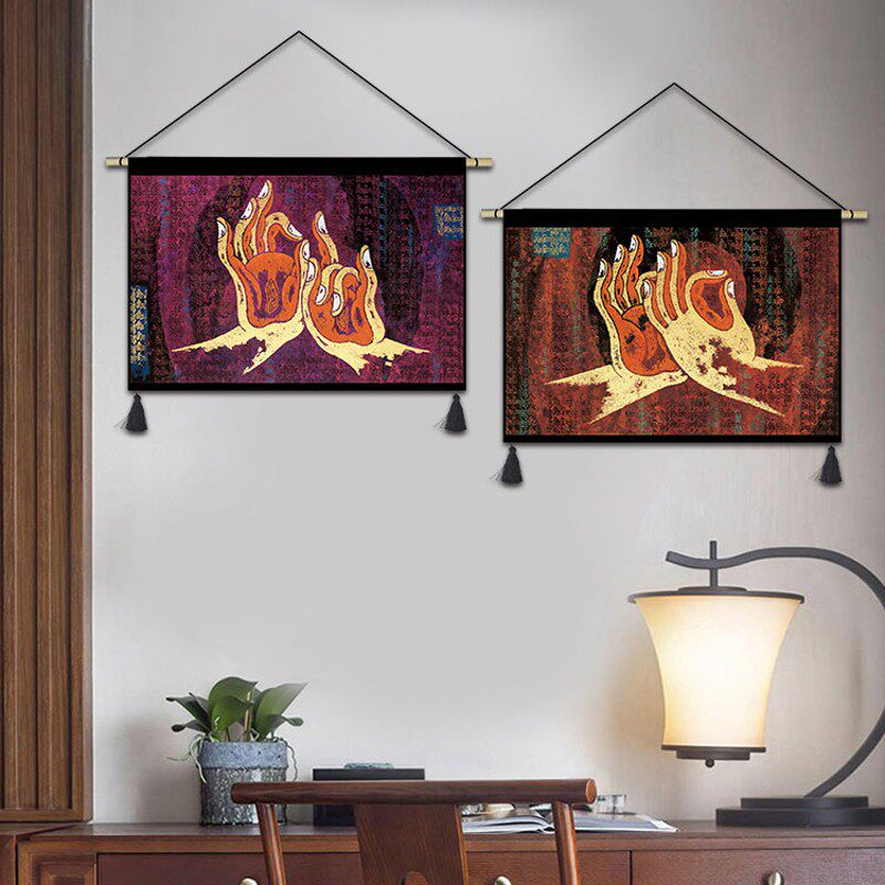 西藏金文手印挂毯布艺佛手茶楼玄关挂画玄关走廊背景墙挂布中国风