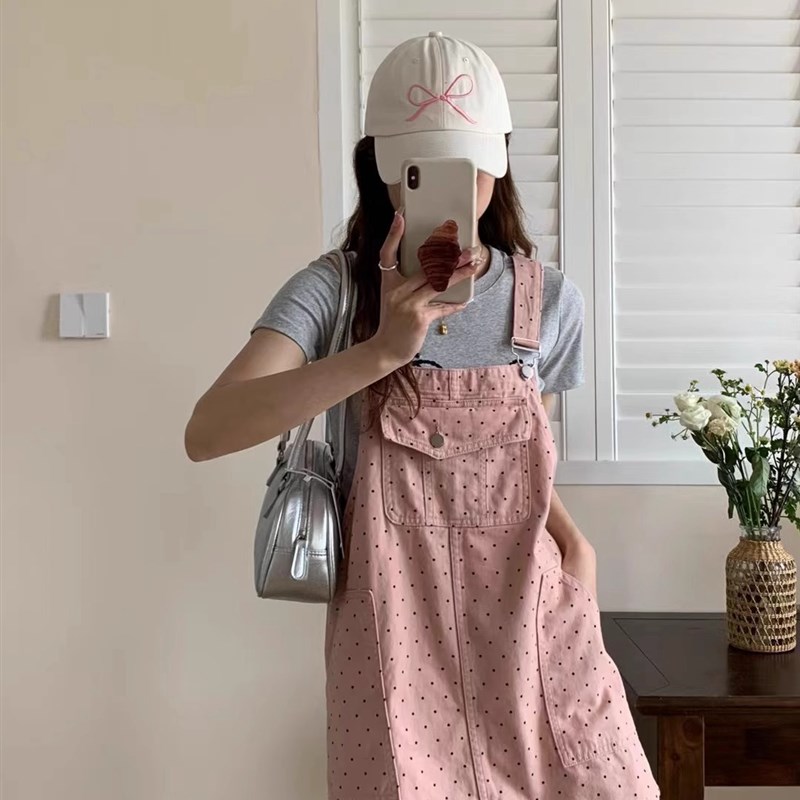 波点牛仔背带裙女夏季新款高腰显瘦休闲小个子吊带A字短裙连衣裙