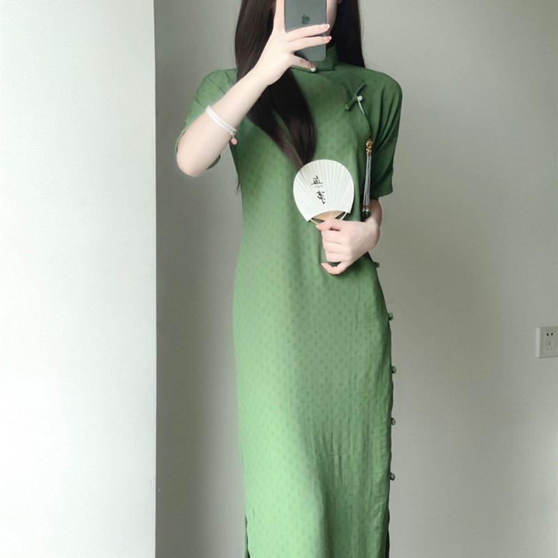 古法一片式无省旗袍民国风年轻款少女全开襟曳地传统日常可穿绿色