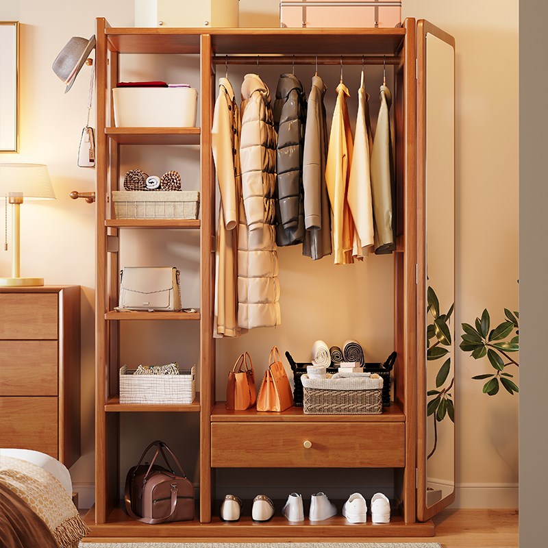 实木挂衣架落地式卧室家用衣帽架穿衣镜一体多功能简约衣服置物架