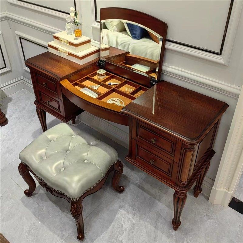 DB866美式实木梳妆台卧室化妆桌欧式复古收纳柜一体带镜子可翻盖