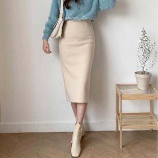 韩芙嘉秋冬新款中长裙杏色修身一步裙高腰包臀西装裙OL百搭女裙子