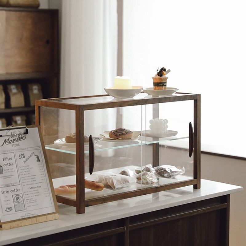复古黑胡桃木实木玻璃面包展示柜咖啡店甜品茶具陈列架手办收纳柜