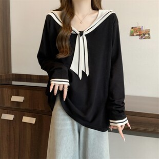 小吉家大码女装秋冬海军领学院风长袖针织衫胖mm宽松显瘦内搭上衣