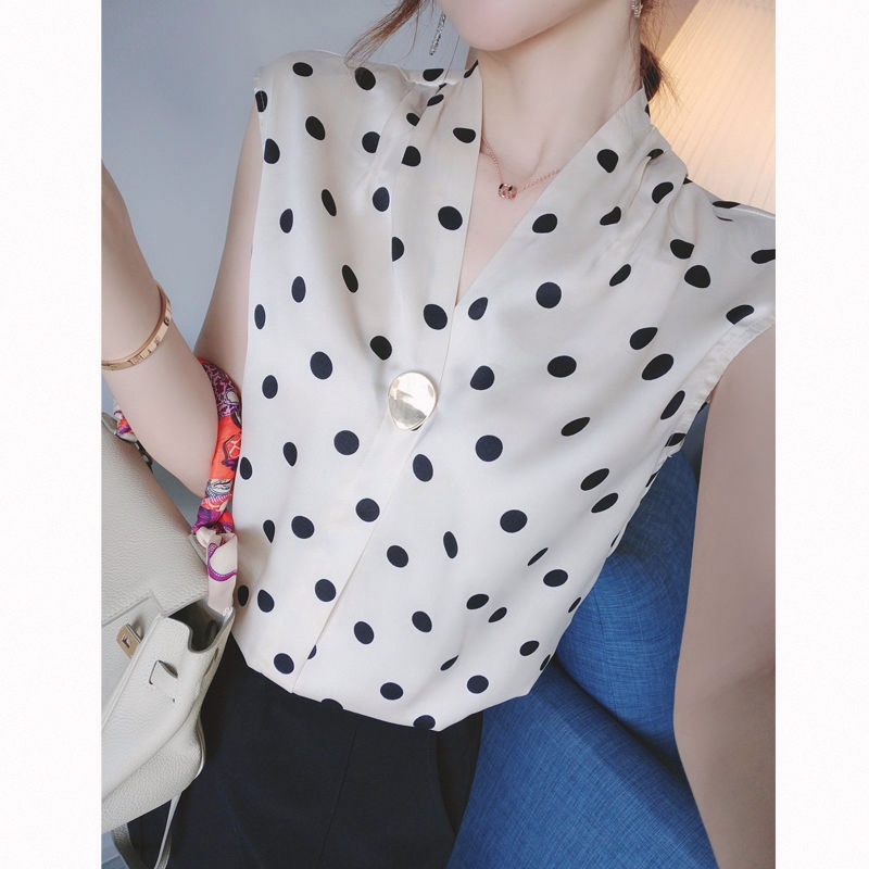 2021夏季新款法式波点雪纺衫无袖女宽松显瘦上衣洋气气质小衫衬衣