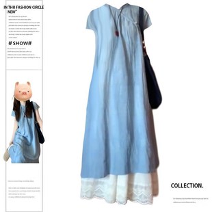 大码胖mm国风连衣裙套装夏季新款新中式盘扣旗袍裙女半身裙两件套