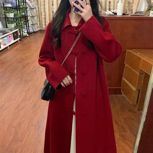 中国风红色盘扣毛呢外套女冬小个子加厚大码圣诞新年婚礼呢子大衣