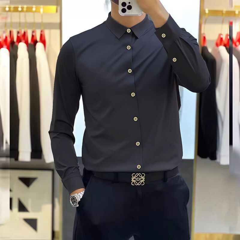 高级感长袖衬衫男士修身弹力2024新款丝滑免烫无痕抗皱衬衣滑料潮