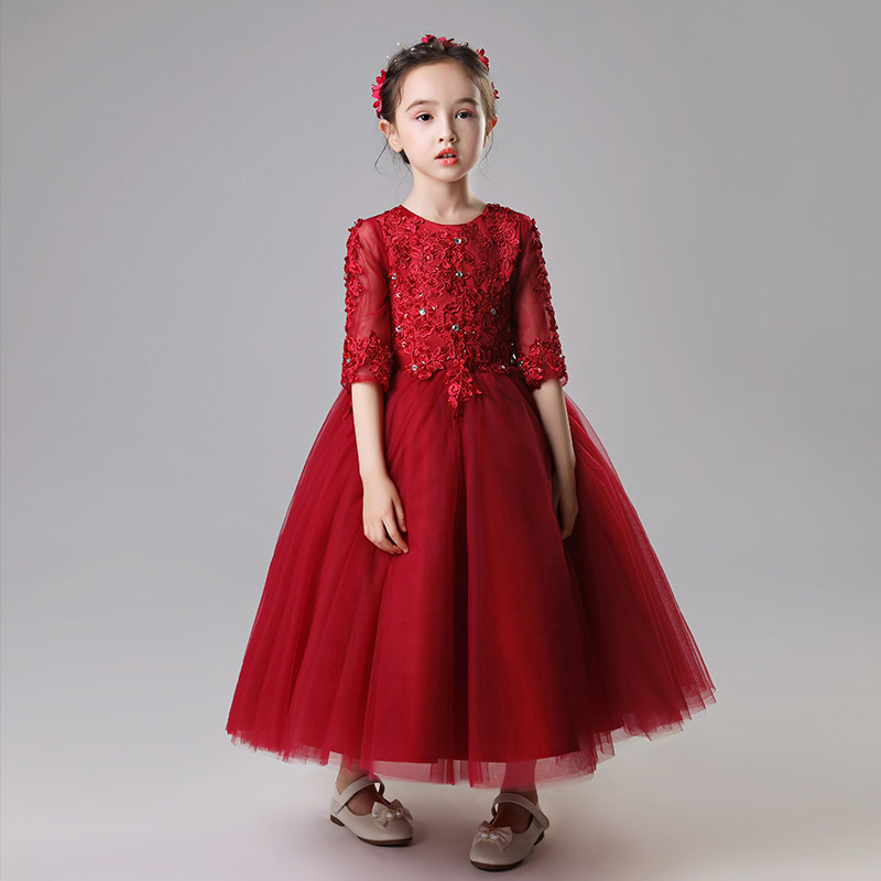 儿童礼服公主裙女童蓬蓬纱婚纱酒红长裙小花童主持人钢琴演出服秋