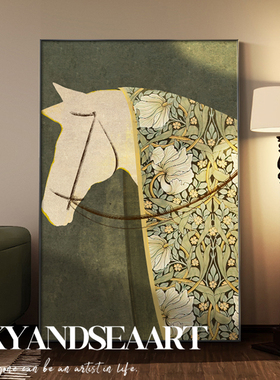 马到成功落地壁画中古风绿色客厅装饰画高级感艺术沙发背景墙挂画