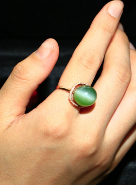 新疆和田玉老坑碧玉猫眼戒指天然
