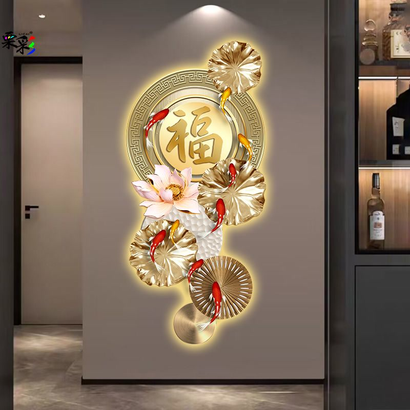 荷花九鱼图入户玄关装饰画现代轻奢走廊过道尽头高档大气发光壁画图片