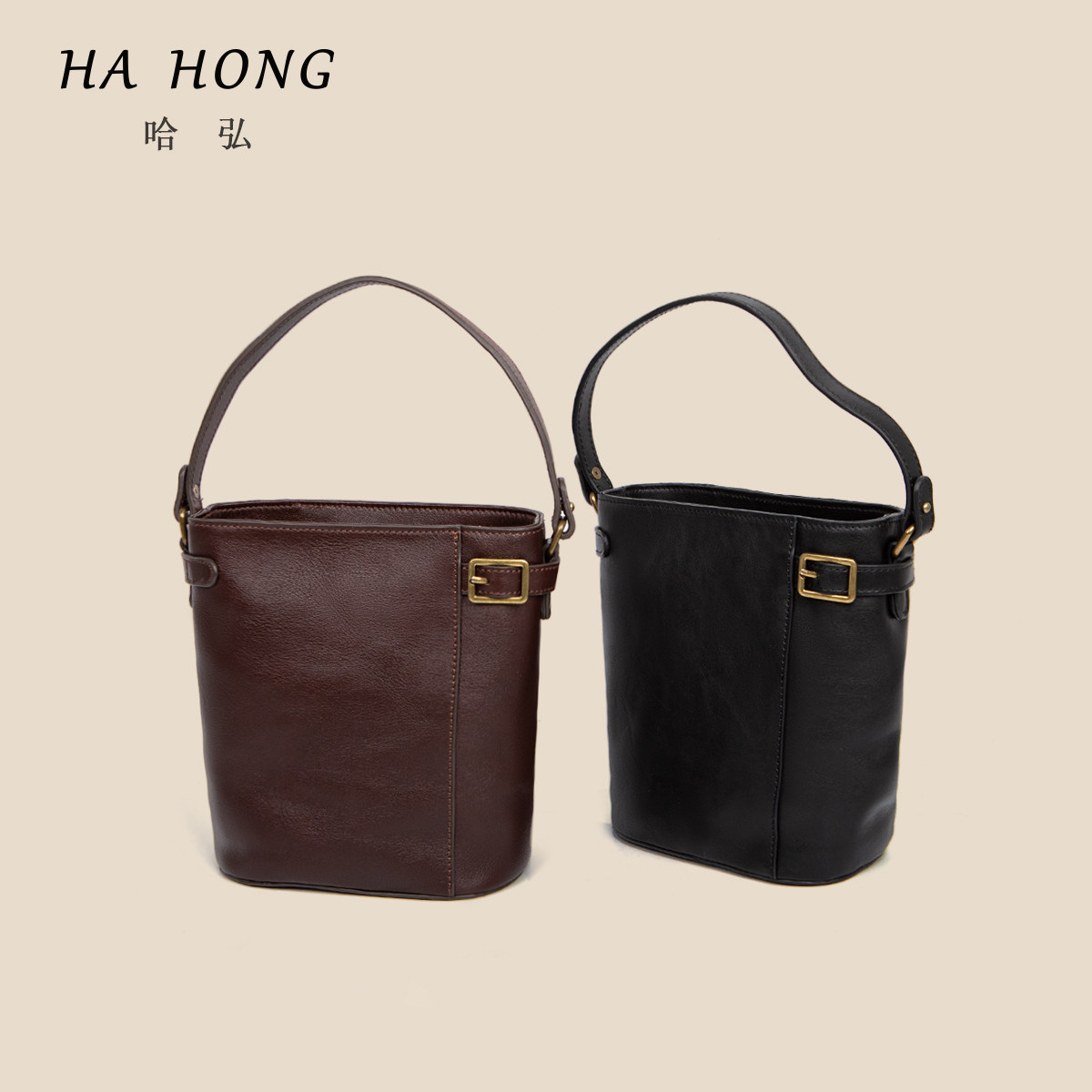 秋冬新款原创小众水桶包单肩斜挎植鞣头层牛皮百搭复古高级感女包