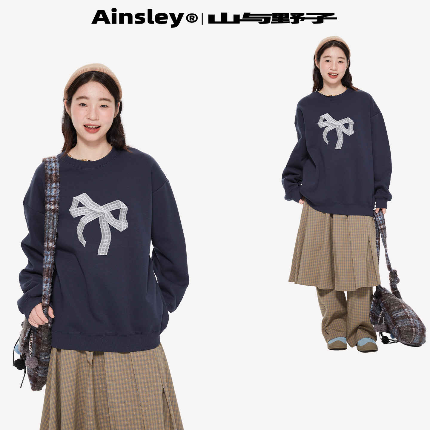 山与野子 韩系chic蝴蝶结印花无帽卫衣女春秋字母落肩袖套头上衣