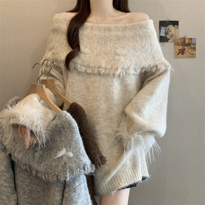 高级感温柔风秋冬新款胖MM洋气减龄慵懒显瘦一字领针织衫毛衣女,女装/女士精品,大码内搭,淘宝优惠券,粉丝福利购,淘宝优惠卷