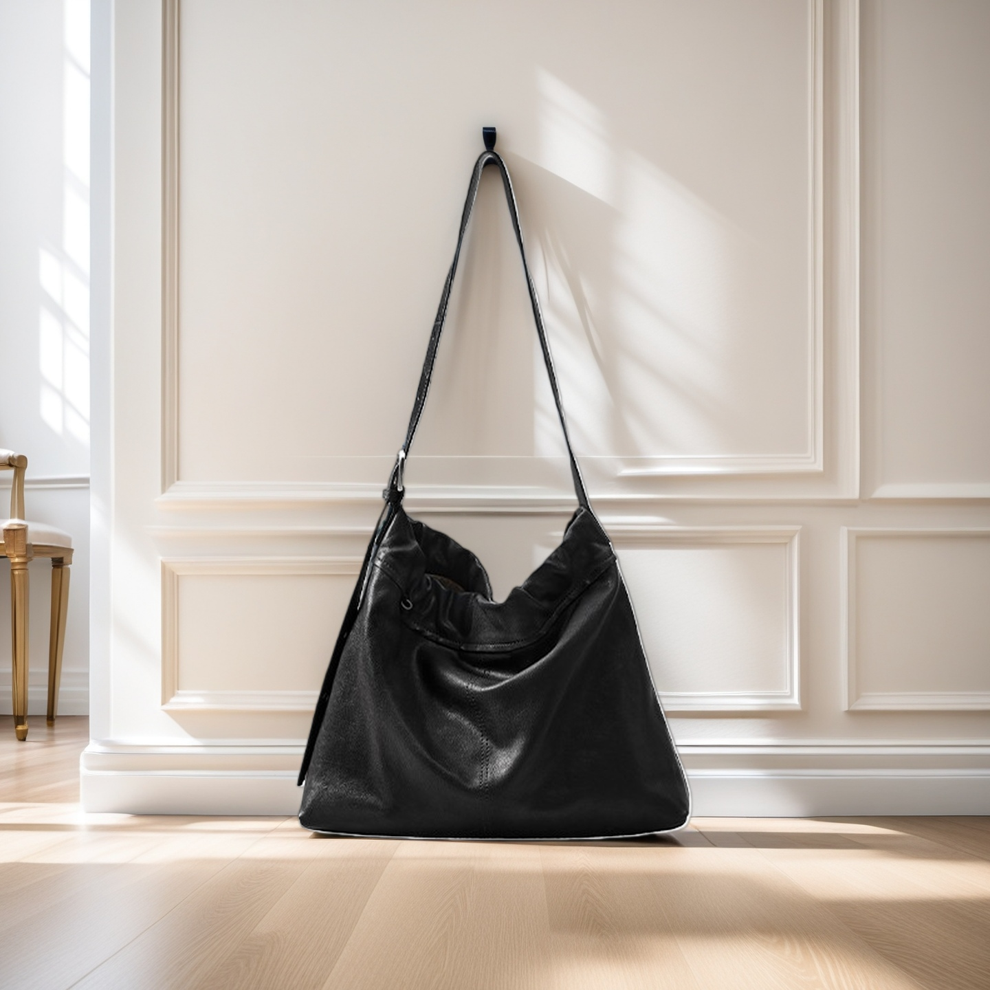 裘裘&真植鞣牛皮流浪包大容量垃圾袋通勤包休闲单肩斜挎hobo包女