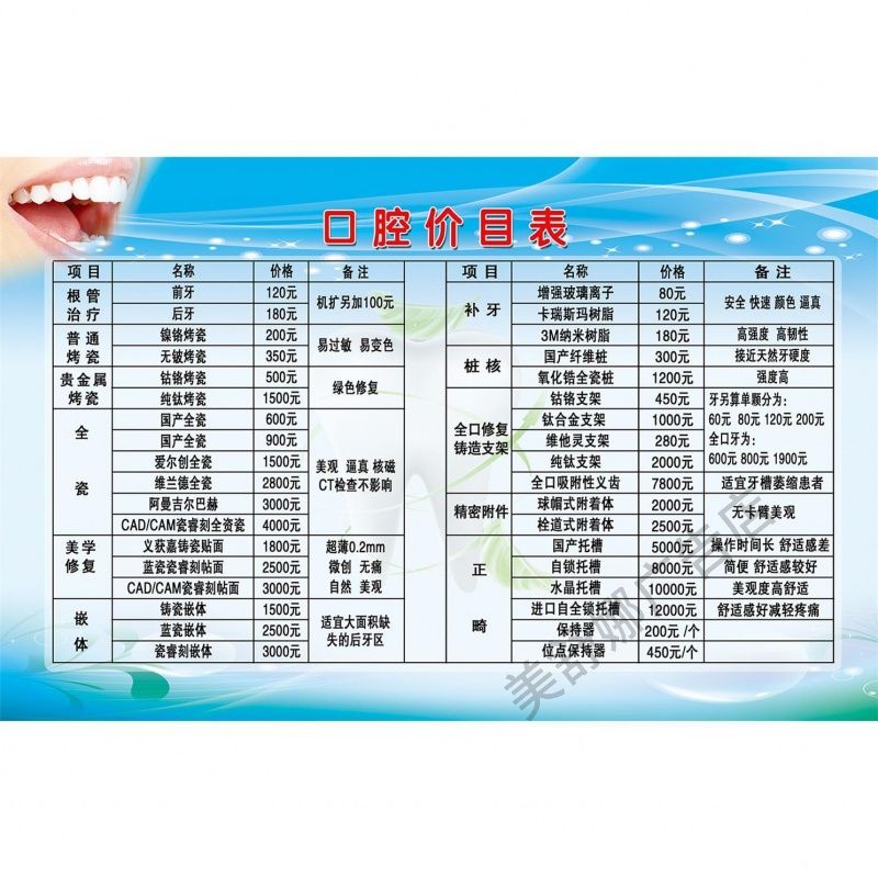 口腔牙科价目表医院门诊医美整形价格设计制作收费价目挂牌墙贴