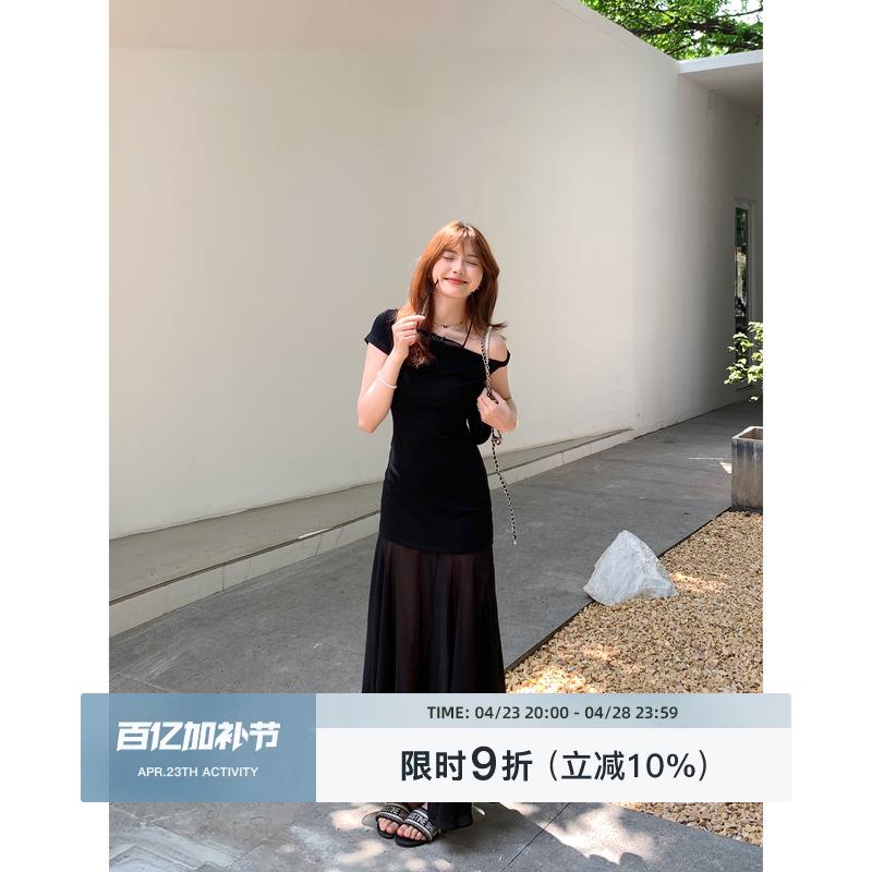 切糕自制小个子夏季女气质显瘦设计感长款连衣裙黑色裙子吊带长裙