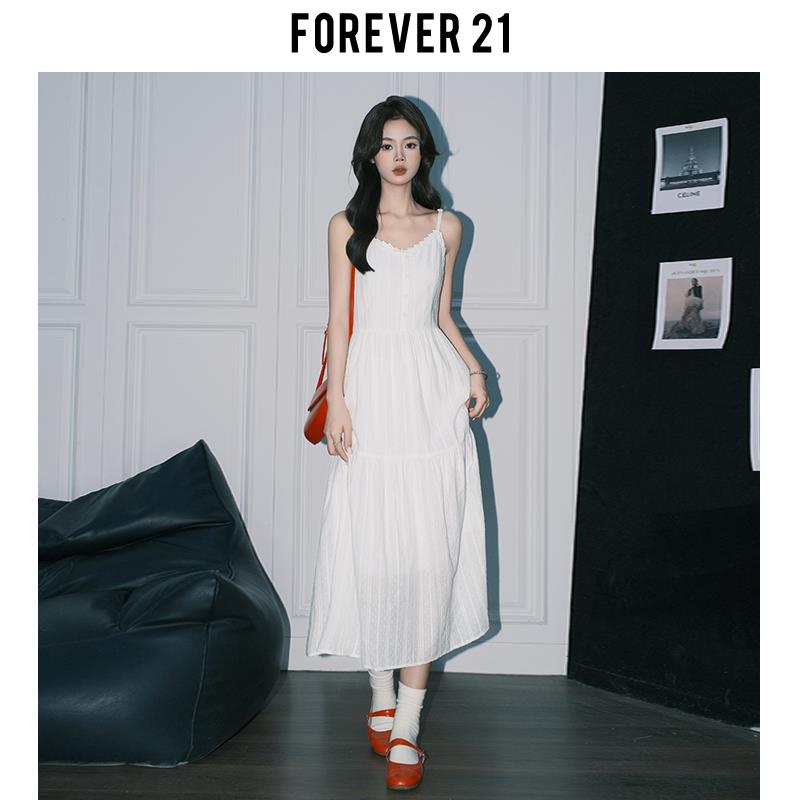 Forever21浅春系温柔吊带连衣裙女韩系绝美初恋小白裙A字沙滩长裙