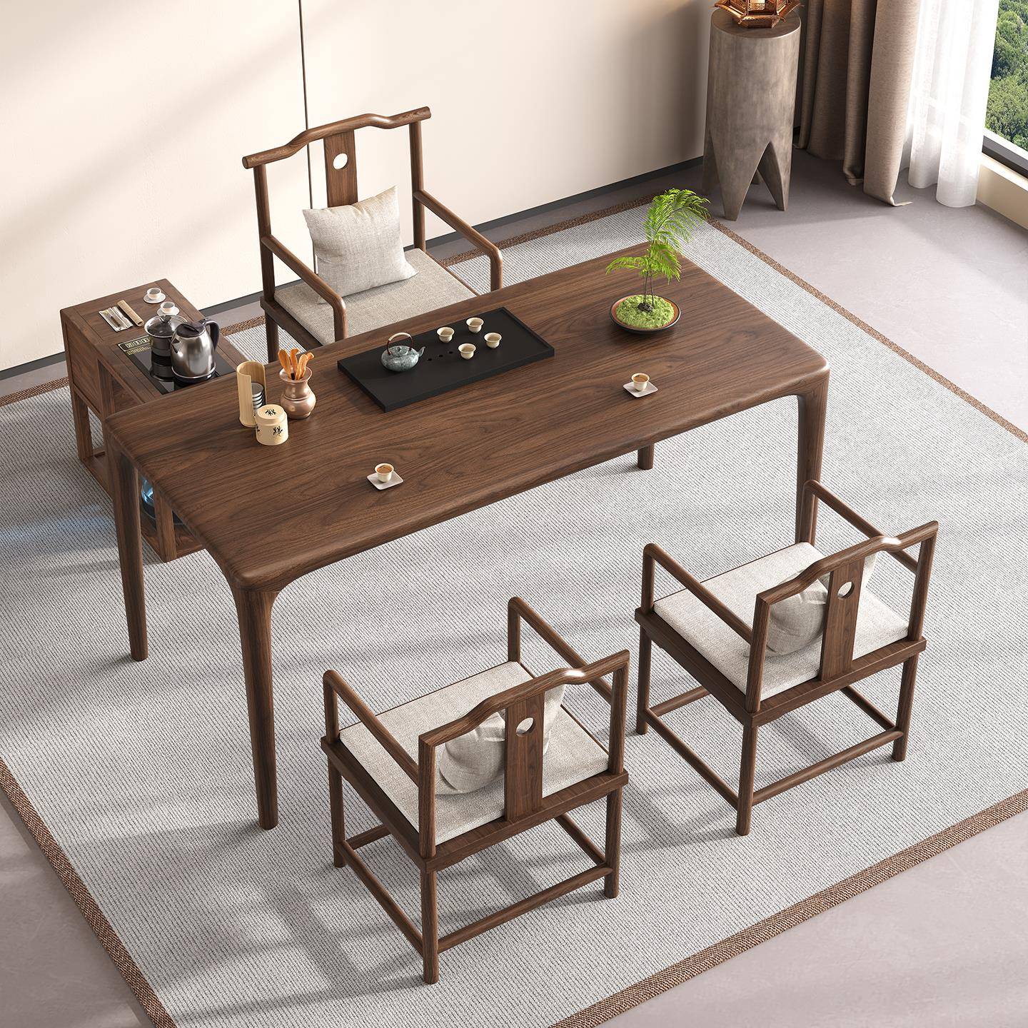 需定制阳台胡桃木茶桌椅组合小户型禅意功夫泡茶台办公家用整张大