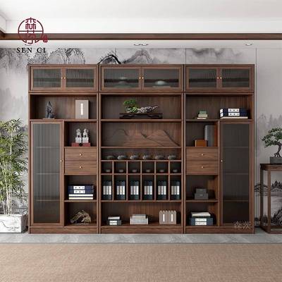 需定制新中式实木书柜组合黑胡桃木博古架办公室文件柜展示柜茶室