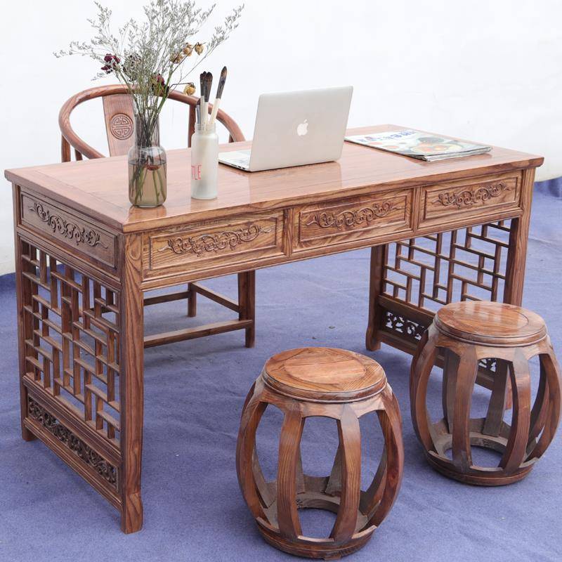 需定制新中式仿古实木雕花书桌写字简约学习桌中医诊桌储物电脑桌