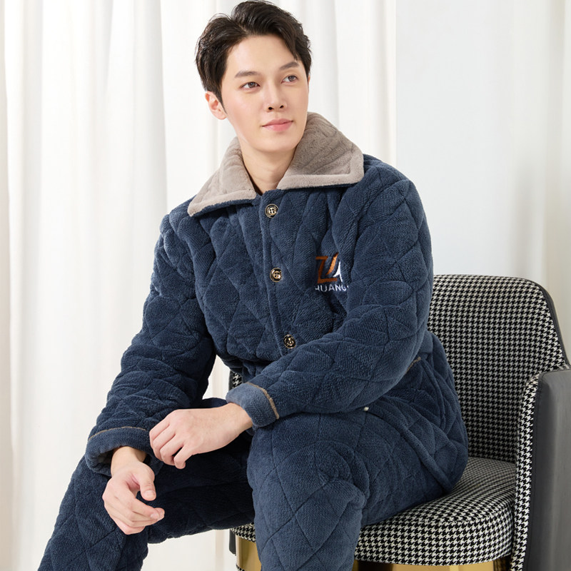 睡衣男士冬季加绒加厚冬天保暖三层夹棉珊瑚绒法兰绒家居服套装